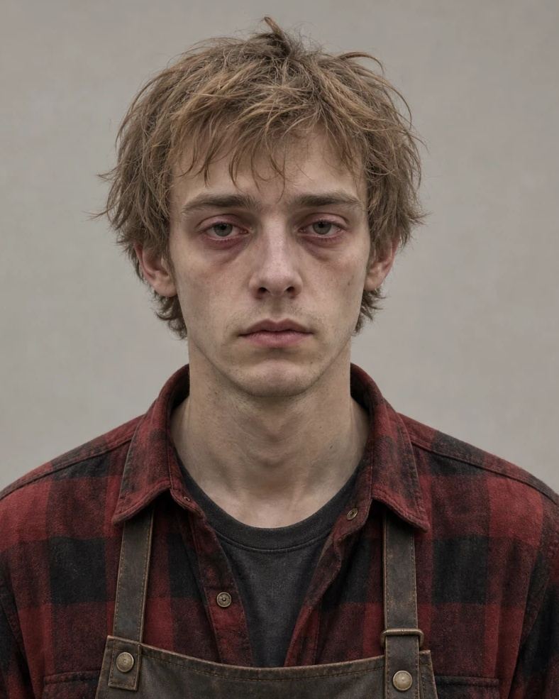 Portrait of Abner Quill, young, hollow-eyed and dishevelled, in a red plaid shirt and leather apron