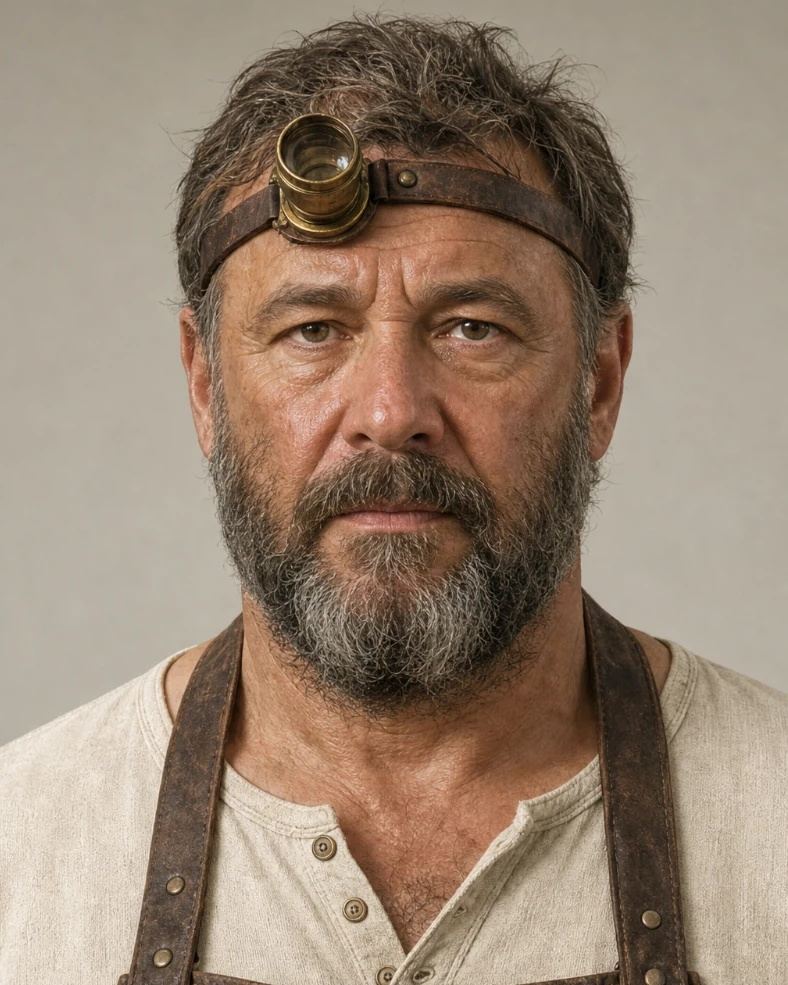Portrait of Ezekiel Thorne, grey-bearded, with a brass jeweller's loupe strapped to his forehead