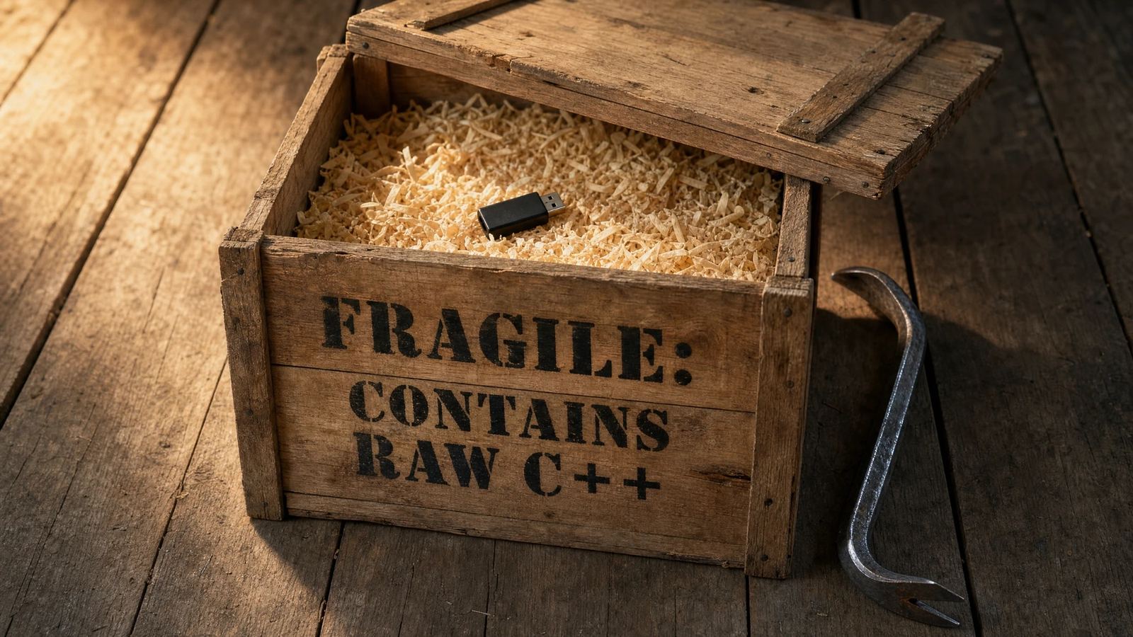 A wooden crate stamped FRAGILE: CONTAINS RAW C++