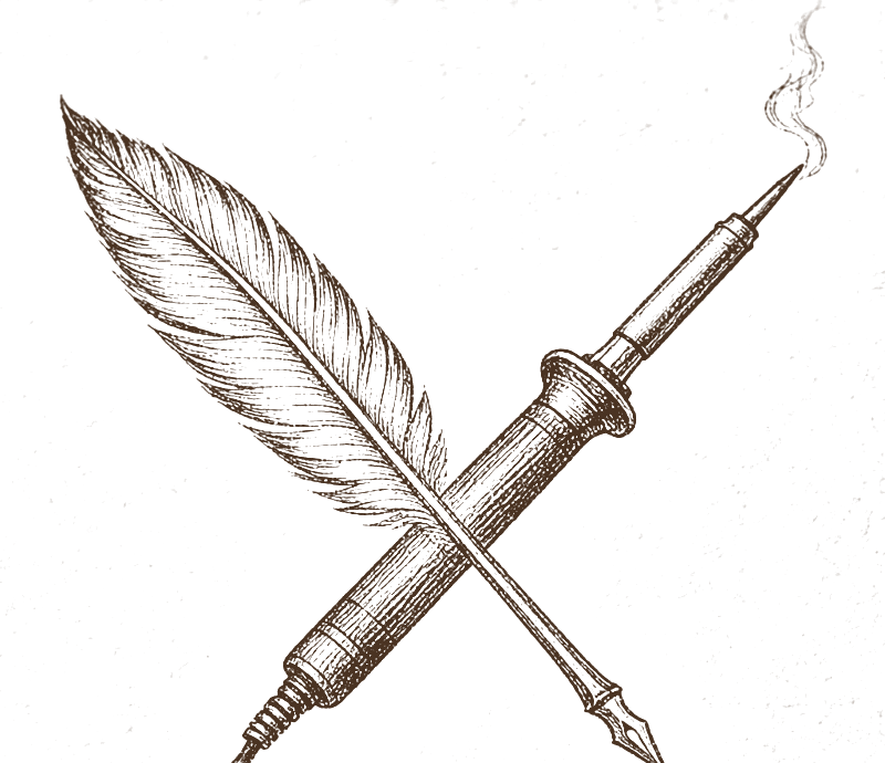 An engraved drawing of a quill crossed with a smoking soldering iron