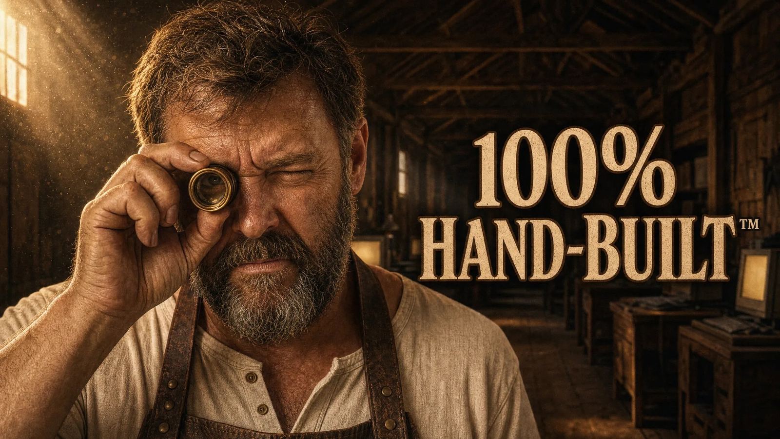 Ezekiel Thorne peering through a brass loupe beside the words 100% Hand-Built