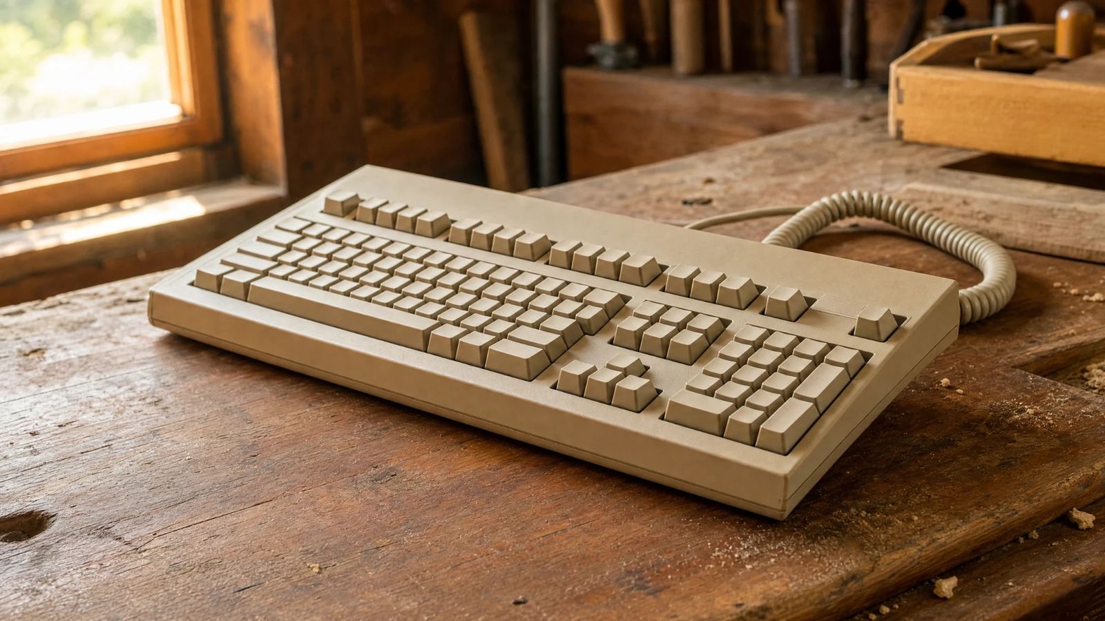 A vintage beige mechanical keyboard on a worn cedar workbench