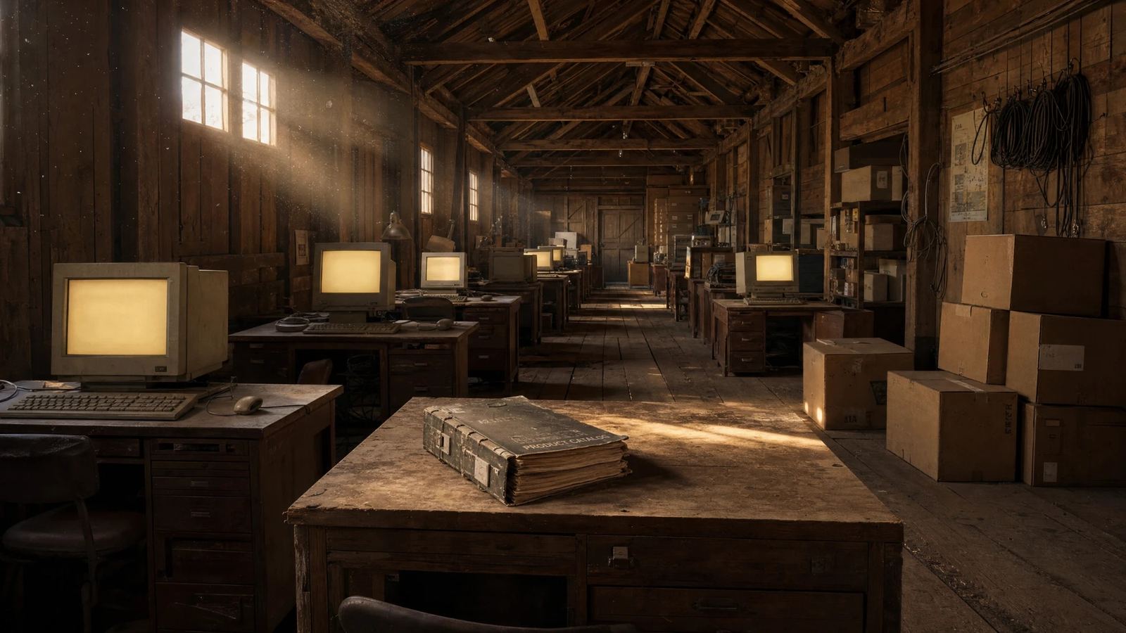 A dusty timber workshop lined with glowing CRT monitors, sunlight falling through the windows